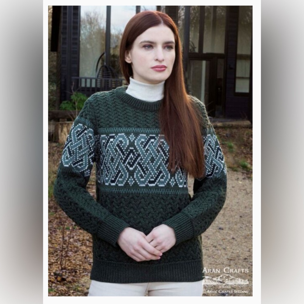 Aran Knit Sweater with Celtic Knotwork 100% Merino Wool - Unisex Large
